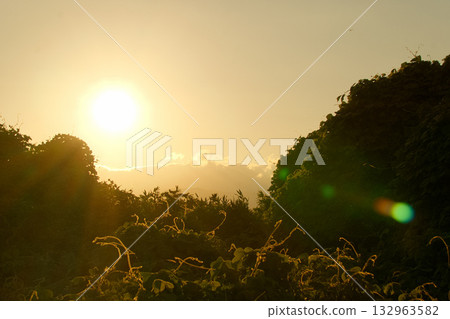 Morning sunrise seen from the riverbed Morning sunrise seen from the riverbed 132963582