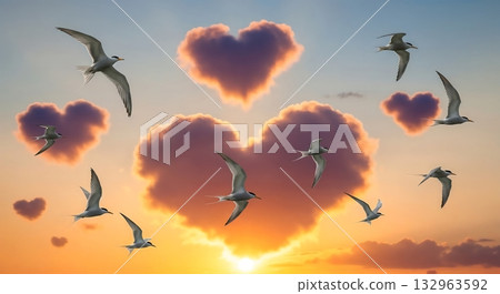 Heart-shaped clouds float at sunset. 132963592