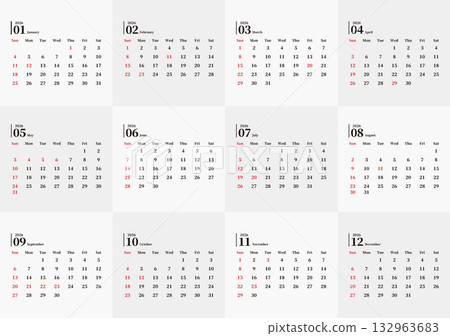 2026年簡易月曆，12個月套裝 132963683