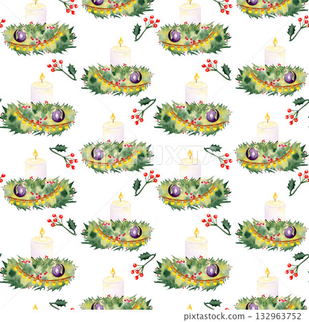 Candles, pine branches, holly berries, baubles, and garland watercolor seamless Christmas pattern isolated on white. Ideal for wrapping paper, fabric, festive backgrounds, holiday crafts, invitations 132963752