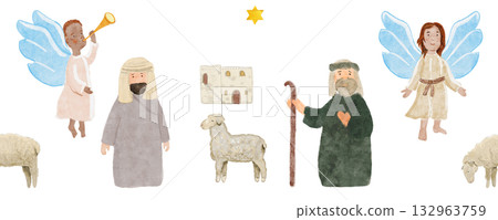 Nativity shepherds, angels, Bethlehem house and sheep. Hand-painted watercolor seamless border isolated on white. Perfect for Christmas cards, Sunday school, banners, textile and Christian decor. Holy 132963759