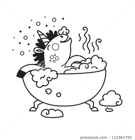 Cute unicorn takes a bubble bath coloring vector illustration Cute unicorn takes a bubble bath coloring vector illustration 132963795