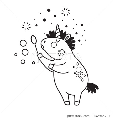 Cute unicorn blowing soap bubbles coloring vector illustration Cute unicorn blowing soap bubbles coloring vector illustration 132963797