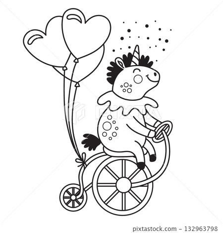 Cute unicorn on a bike with a heart balloons coloring illustration 132963798