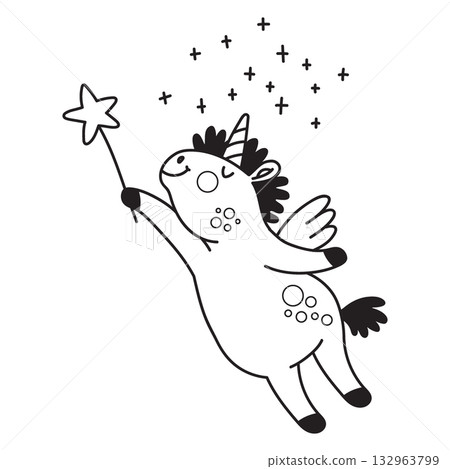 Cute unicorn with magic wand coloring vector illustration Cute unicorn with magic wand coloring vector illustration 132963799