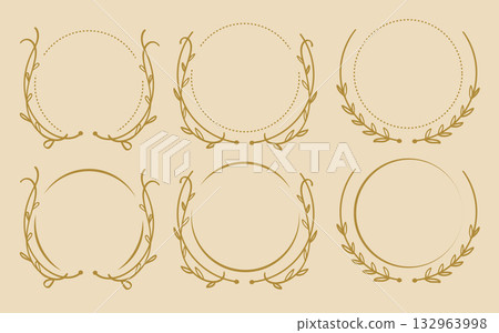 Vintage Nature Botanical Circle Border Gold Collection Hand Drawn Laurel Wreath Set.Vector Illustration 132963998