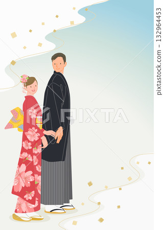 新年素材：簡約時尚的新年賀卡素材（馬年），描繪了身著傳統日式服裝的男女參拜神社的場景。 132964453