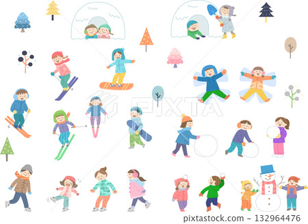 Illustration set of children enjoying skiing and playing in the snow 132964476