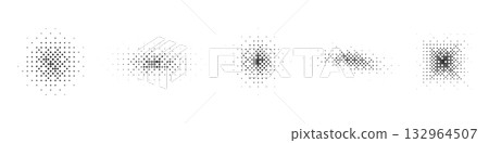Halftone gradient shapes. Abstract dotted squares, fading pixel forms, geometric stipple design, grain pattern, retro raster minimal dotted silhouettes, textured point black white shading effect 132964507