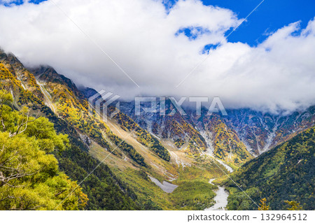 穗高山脈,秋葉已開始飄落。 穗高山脈,秋葉已開始飄落。 132964512
