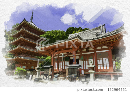 Watercolor painting of Myoo-in Temple, main hall and five-story pagoda, Fukuyama City, Hiroshima Prefecture Watercolor painting of Myoo-in Temple, main hall and five-story pagoda, Fukuyama City, Hiroshima Prefecture 132964531
