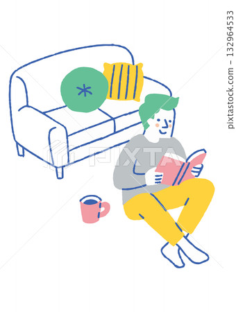 一個男人一邊喝咖啡一邊看書_彩色 132964533