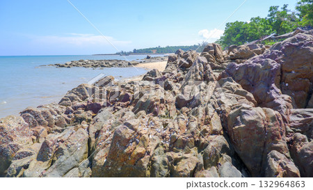 Wide-Angle View of a Rugged Tropical Coastline Dominated by Jagged Rocks and Clear Blue Water Wide-Angle View of a Rugged Tropical Coastline Dominated by Jagged Rocks and Clear Blue Water 132964863