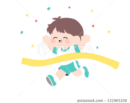 A boy crosses the finish line amid confetti 132965208