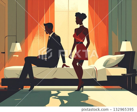 Illustration of a couple expressing a lack of sex and a deteriorating relationship 132965395