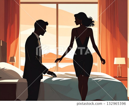 Illustration of a couple expressing a lack of sex and a deteriorating relationship 132965396