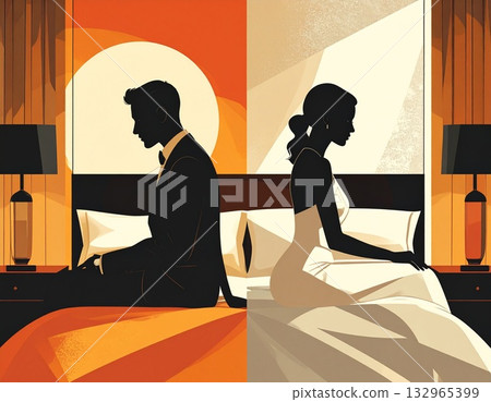 Illustration of a couple expressing a lack of sex and a deteriorating relationship Illustration of a couple expressing a lack of sex and a deteriorating relationship 132965399