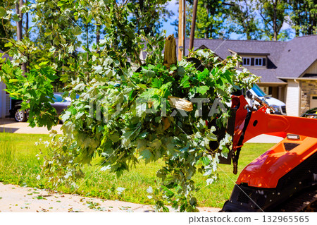 Crawler skid steer gathers branches during yard work in suburban area with houses after storm Crawler skid steer gathers branches during yard work in suburban area with houses after storm 132965565