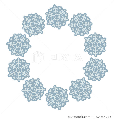 Vector illustration of cute snowflakes arranged in a circular frame. Winter holiday design, Christmas decoration, snowflake wreath, isolated on white background, perfect for greeting cards and prints Vector illustration of cute snowflakes arranged in a circular frame. Winter holiday design, Christmas decoration, snowflake wreath, isolated on white background, perfect for greeting cards and prints 132965773