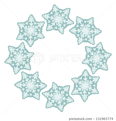Vector illustration of cute snowflakes arranged in a circular frame. Winter holiday design, Christmas decoration, snowflake wreath, isolated on white background, perfect for greeting cards and prints Vector illustration of cute snowflakes arranged in a circular frame. Winter holiday design, Christmas decoration, snowflake wreath, isolated on white background, perfect for greeting cards and prints 132965774