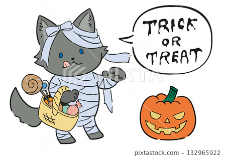 A cute and relaxed Halloween illustration of a wolf (dog) dressed as a mummy 132965922