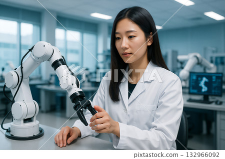 一位女研究員正在實驗室操作機械手臂。 132966092