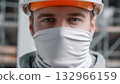 Blank white neck gaiter on construction worker mockup, ai generated 132966159