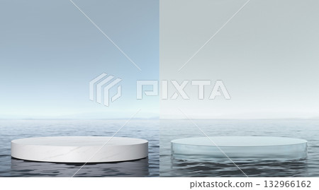 White marble and glass podium stand in sea water scene 132966162