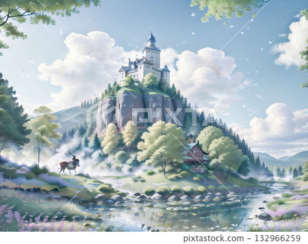 Snow-covered mountains and a winter village reflected on the water Snow-covered mountains and a winter village reflected on the water 132966259