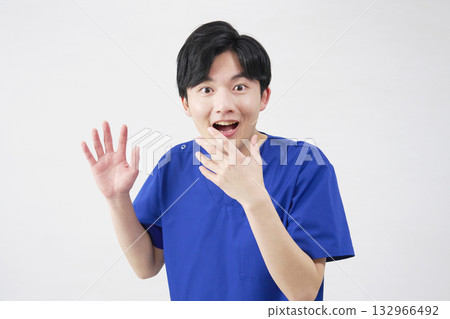 Doctor, nurse, dentist, caregiver, male, surprised, white background Doctor, nurse, dentist, caregiver, male, surprised, white background 132966492