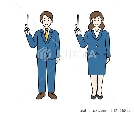 Smiling men and women in suits giving presentations Full-body illustration of an office worker holding a pointing stick Smiling men and women in suits giving presentations Full-body illustration of an office worker holding a pointing stick 132966892
