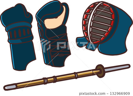 Various tools used in Kendo: bamboo swords, men, kote 132966909