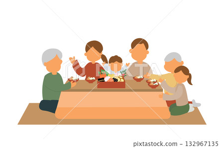 Three-generation family gathered around New Year's dishes Three-generation family gathered around New Year's dishes 132967135