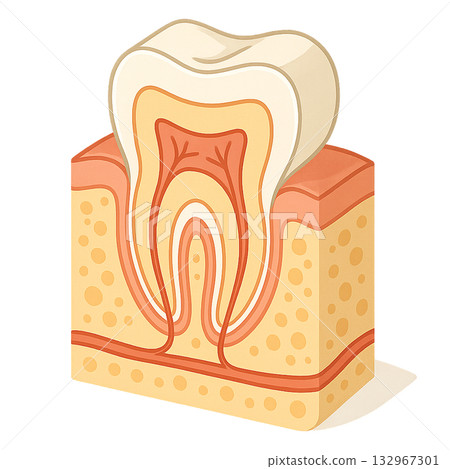 A diagram showing the cross-sectional structure of teeth and gums in an easy-to-understand way, an illustration of the internal structure of teeth and the mechanism of nerves, and an illustration of the dental pulp and enamel. A diagram showing the cross-sectional structure of teeth and gums in an easy-to-understand way, an illustration of the internal structure of teeth and the mechanism of nerves, and an illustration of the dental pulp and enamel. 132967301