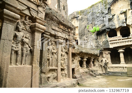 Architecture of the Hindu religious art at the Elora Caves, a UNESCO World Heritage Site, is one of the world's largest collections of rock-cut temples, dating back to 600-1000 AD. 132967719