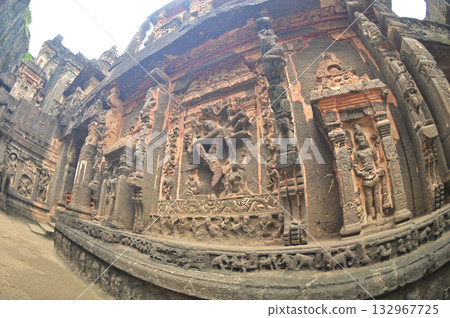 Architecture of the Hindu religious art at the Elora Caves, a UNESCO World Heritage Site, is one of the world's largest collections of rock-cut temples, dating back to 600-1000 AD. 132967725