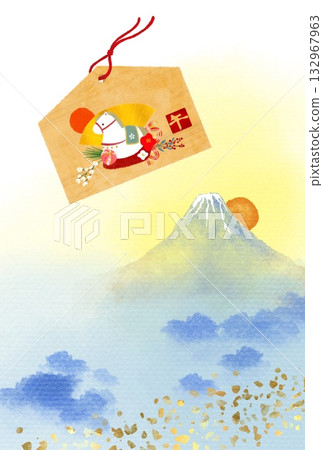 Auspicious watercolor painting of Mount Fuji, the first sunrise, and a votive plaque for the Year of the Horse, depicting a New Year's image. Japanese landscape Auspicious watercolor painting of Mount Fuji, the first sunrise, and a votive plaque for the Year of the Horse, depicting a New Year's image. Japanese landscape 132967963