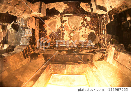 The religious sites and art at the Elora Caves,a UNESCO World Heritage Site,are one of the world's largest collections of rock-cut temples, dating back to 600-1000 AD. Located at Aurangabud in India. 132967965