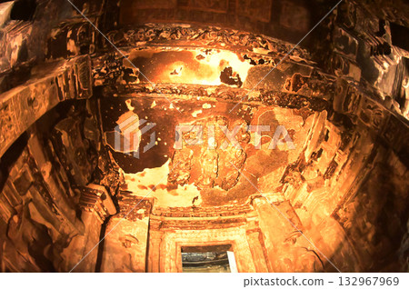 The religious sites and art at the Elora Caves,a UNESCO World Heritage Site,are one of the world's largest collections of rock-cut temples, dating back to 600-1000 AD. Located at Aurangabud in India. 132967969