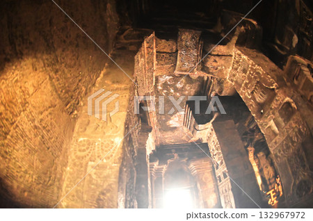 The religious sites and art at the Elora Caves,a UNESCO World Heritage Site,are one of the world's largest collections of rock-cut temples, dating back to 600-1000 AD. Located at Aurangabud in India. 132967972