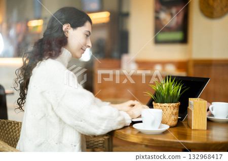 Young woman working at a laptop in a cafe Young woman working at a laptop in a cafe 132968417