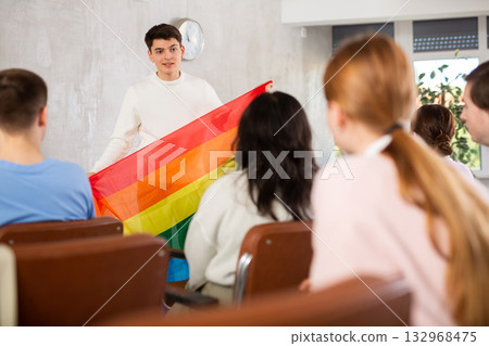Student talking about LGBT community to groupmates during college class Student talking about LGBT community to groupmates during college class 132968475