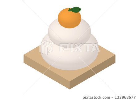 Isometric illustration of kagami mochi on a wooden stand (New Year's, New Year's, Japanese-style design material) 132968677