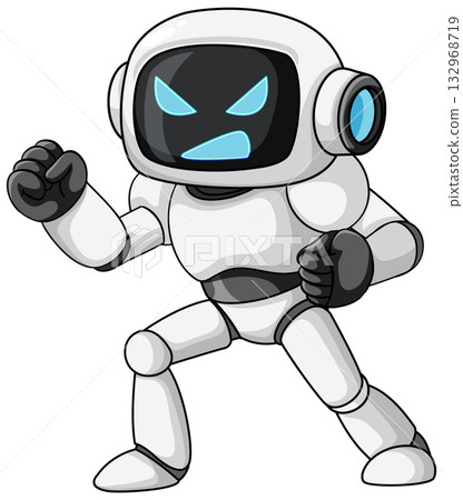 Cartoon Robot in Fighting Stance with Angry Expression Cartoon Robot in Fighting Stance with Angry Expression 132968719