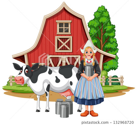 Dutch Milkmaid with Cow in Front of Red Barn Dutch Milkmaid with Cow in Front of Red Barn 132968720