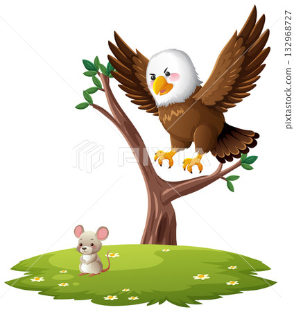 Bald Eagle Watching Mouse from Tree Branch in Meadow Bald Eagle Watching Mouse from Tree Branch in Meadow 132968727