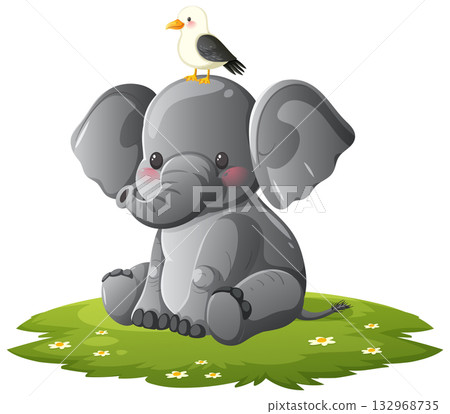 Cute Baby Elephant Sitting with Bird on Head 132968735
