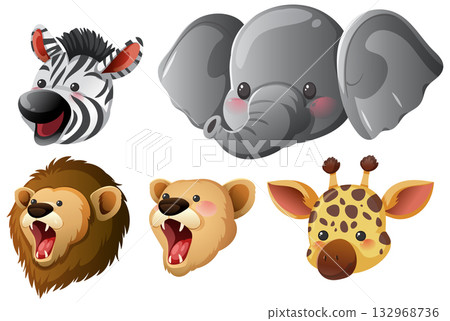 Cartoon African Animal Faces with Expressive Emotions Cartoon African Animal Faces with Expressive Emotions 132968736