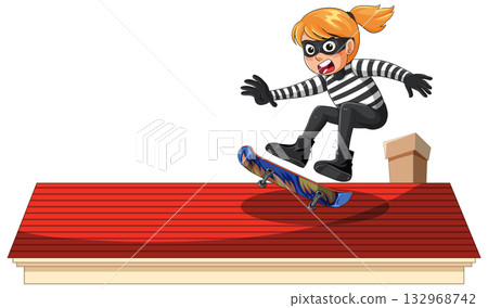 Masked Girl Skateboarding on Rooftop in Cartoon Style 132968742