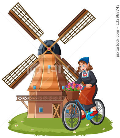 Dutch Woman Riding Bicycle with Flowers Near Windmill Dutch Woman Riding Bicycle with Flowers Near Windmill 132968745